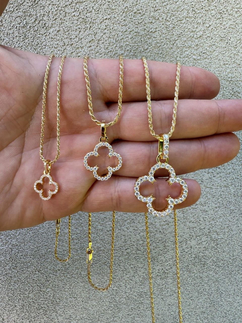 MOISSANITE Open Clover Flower Pendant - 14k Gold Vermeil 925 Silver - 3 Sizes 0.75"-1.5"