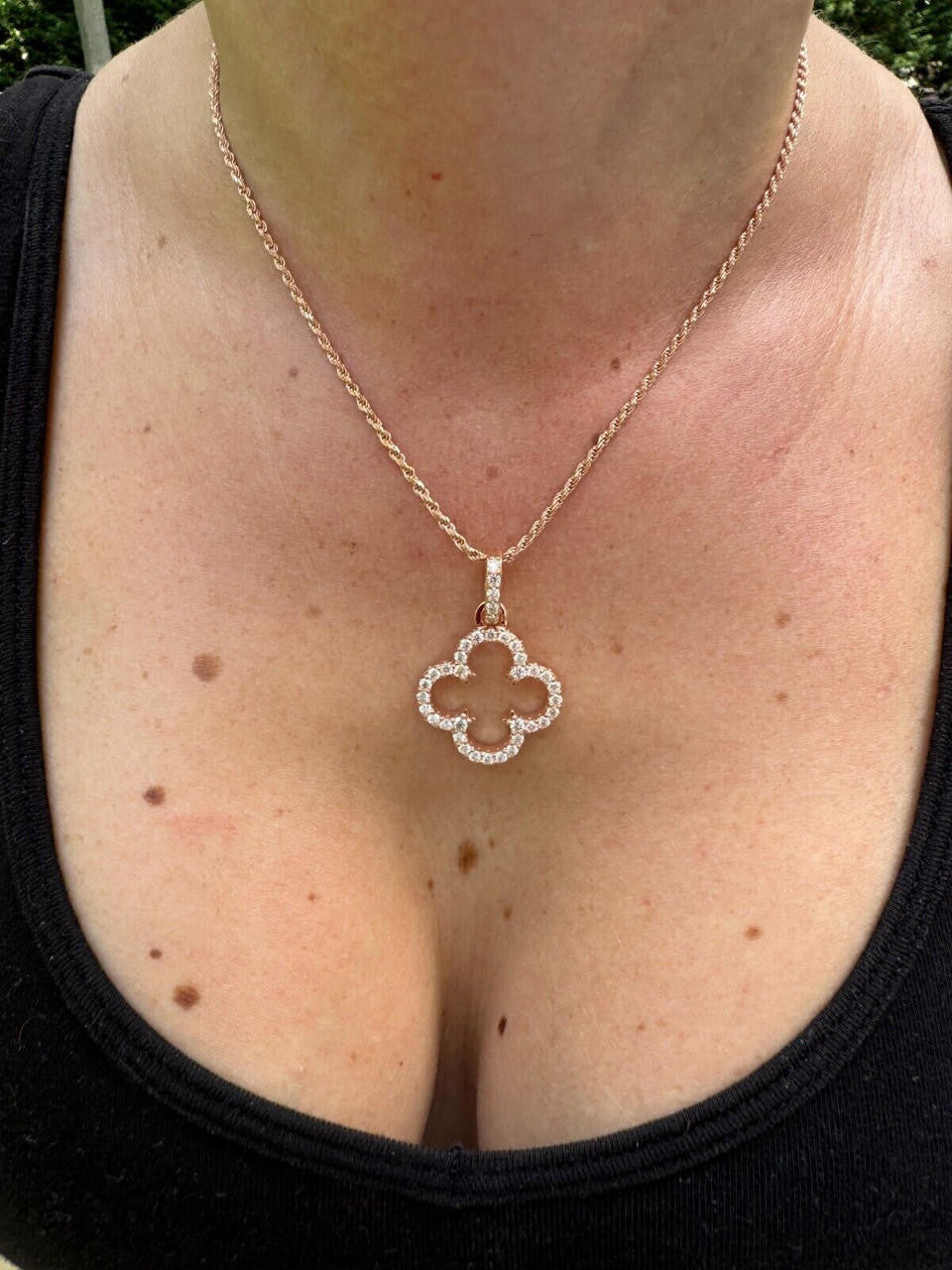 MOISSANITE Open Clover Flower Pendant - 14k Rose Vermeil 925 Silver - 3 Sizes 0.75"-1.5"