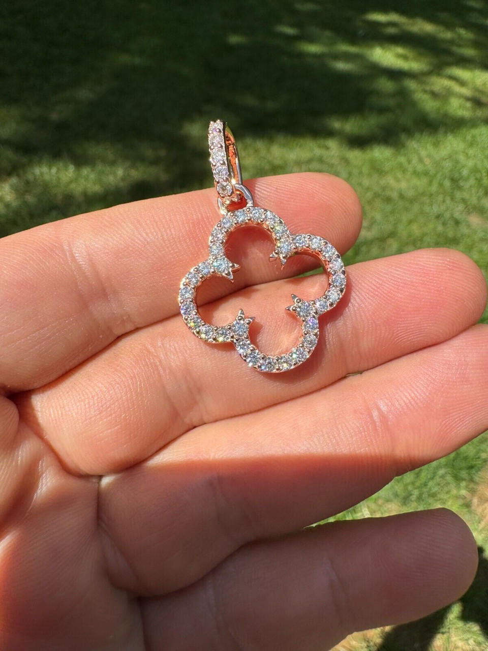 MOISSANITE Open Clover Flower Pendant - 14k Rose Vermeil 925 Silver - 3 Sizes 0.75"-1.5"