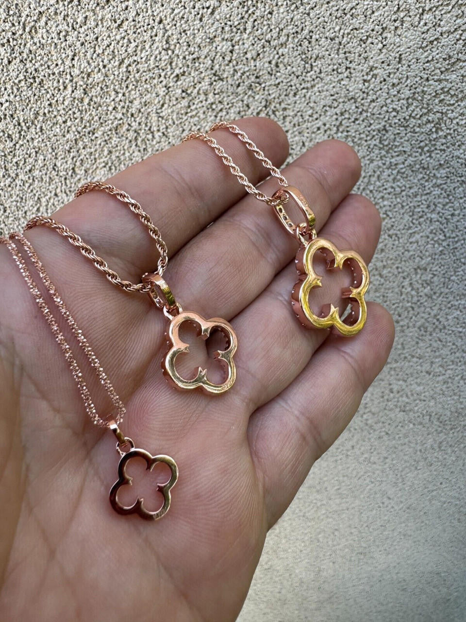 MOISSANITE Open Clover Flower Pendant - 14k Rose Vermeil 925 Silver - 3 Sizes 0.75"-1.5"