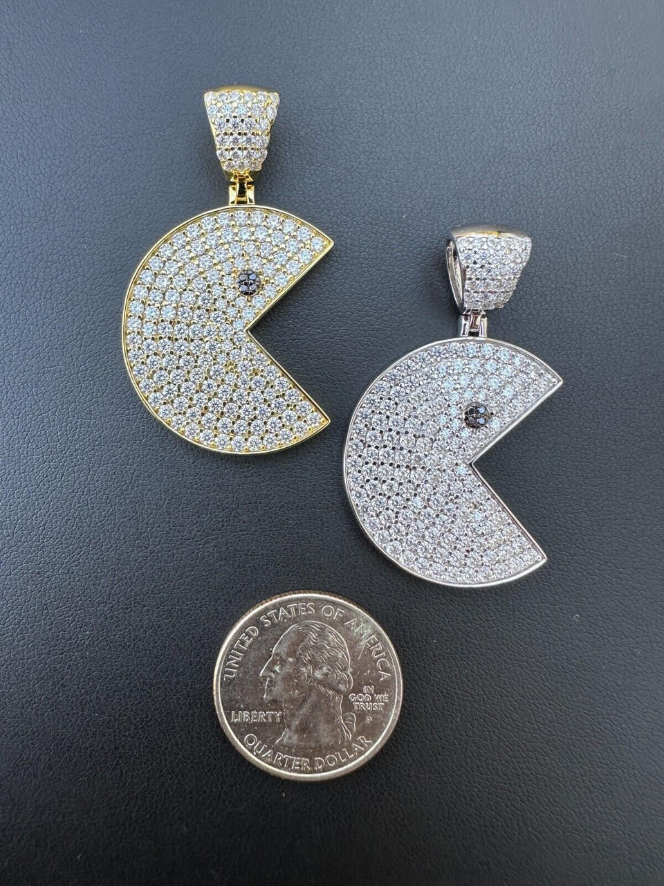 MOISSANITE PACMAN Iced Out Pendant - 14k Gold Vermeil Or 925 Silver - Medium 1.75"