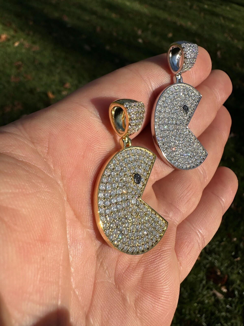 MOISSANITE PACMAN Iced Out Pendant - 14k Gold Vermeil Or 925 Silver - Medium 1.75"