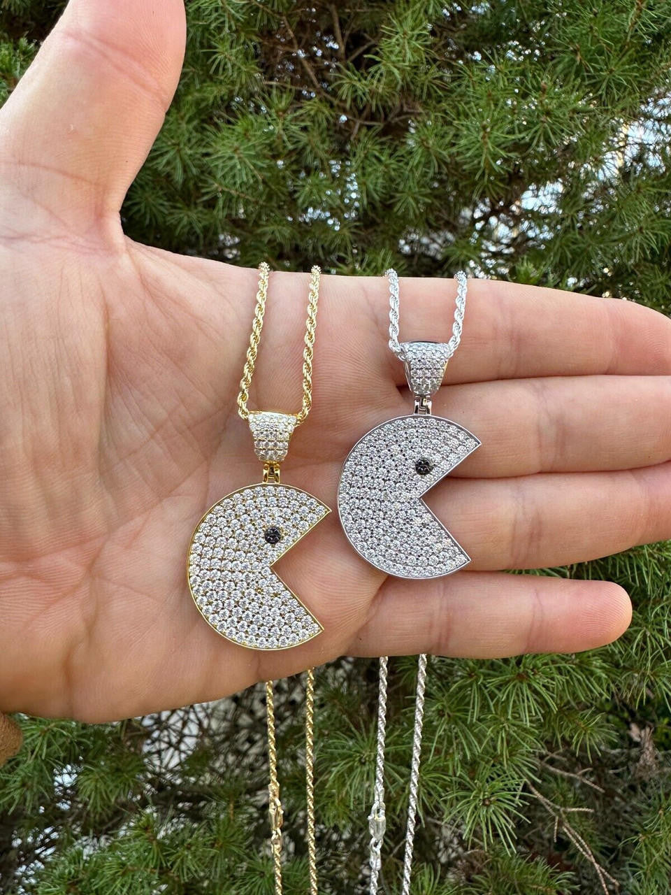 MOISSANITE PACMAN Iced Out Pendant - 14k Gold Vermeil Or 925 Silver - Medium 1.75"