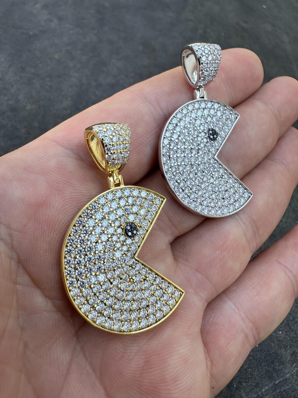 MOISSANITE PACMAN Iced Out Pendant - 14k Gold Vermeil Or 925 Silver - Medium 1.75"
