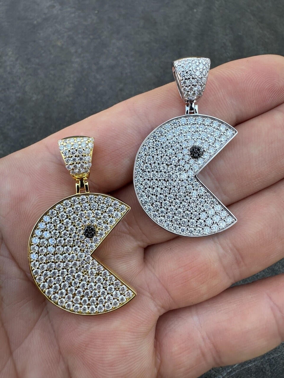 MOISSANITE PACMAN Iced Out Pendant - 14k Gold Vermeil Or 925 Silver - Medium 1.75"