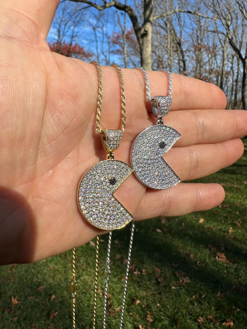 MOISSANITE PACMAN Iced Out Pendant - 14k Gold Vermeil Or 925 Silver - Medium 1.75"