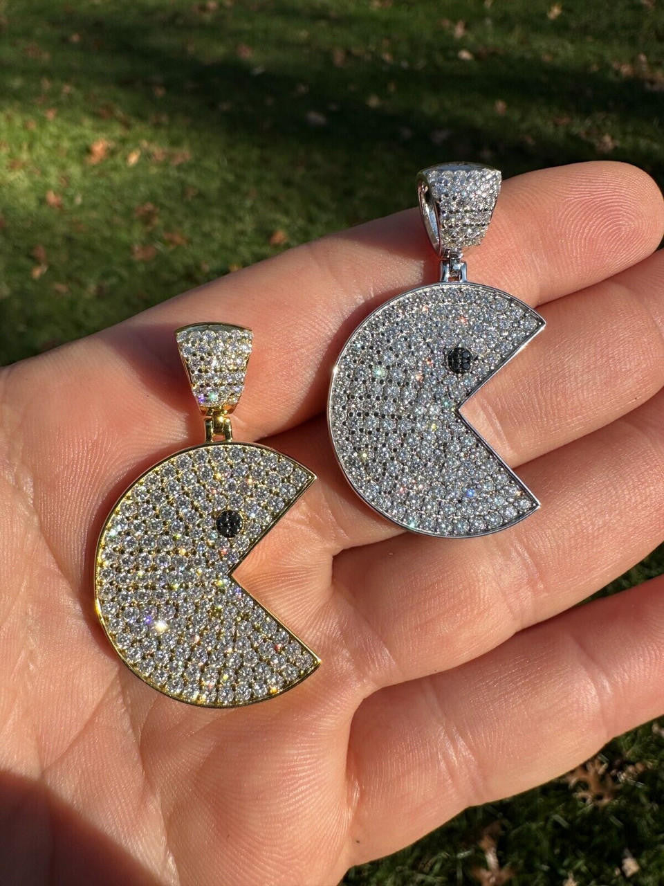 MOISSANITE PACMAN Iced Out Pendant - 14k Gold Vermeil Or 925 Silver - Medium 1.75"
