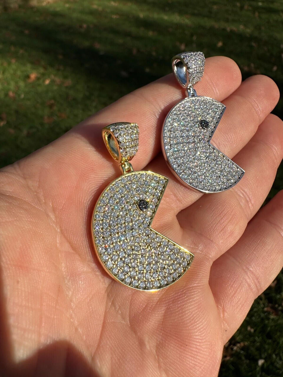 MOISSANITE PACMAN Iced Out Pendant - 14k Gold Vermeil Or 925 Silver - Medium 1.75"
