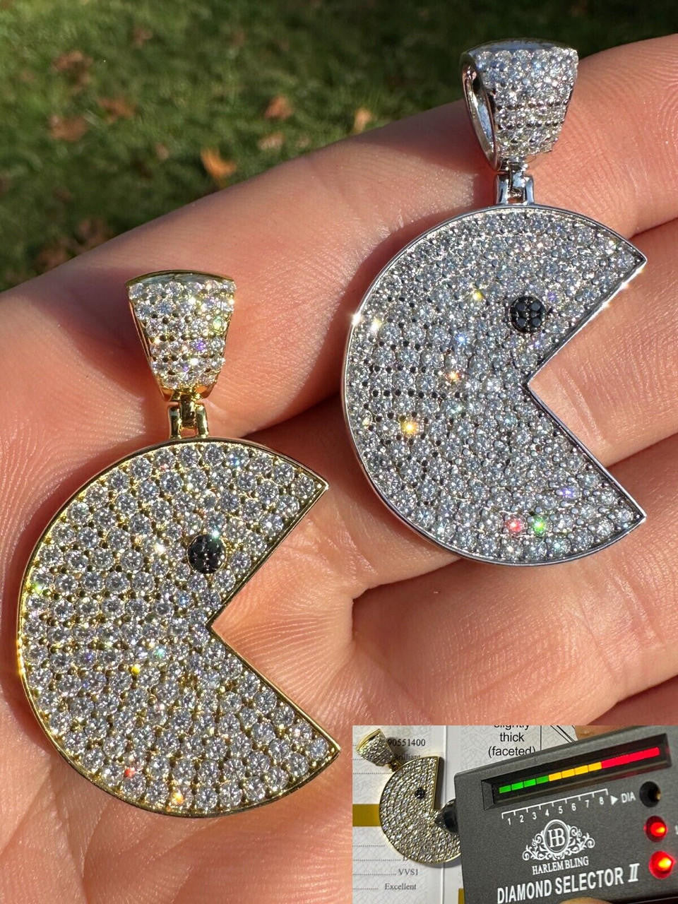 MOISSANITE PACMAN Iced Out Pendant - 14k Gold Vermeil Or 925 Silver - Medium 1.75"