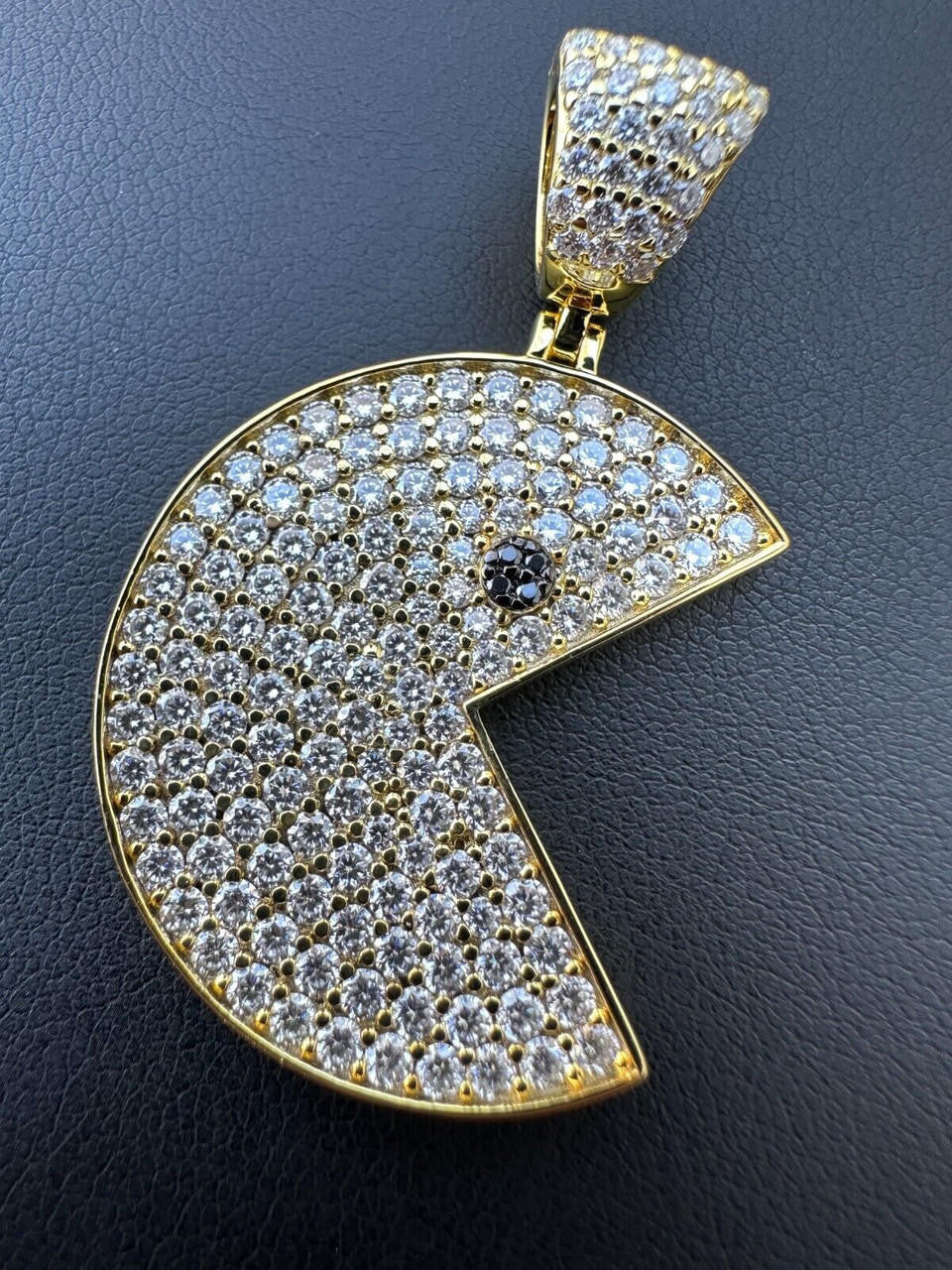 MOISSANITE PACMAN Iced Out Pendant - 14k Gold Vermeil Or 925 Silver - Medium 1.75"