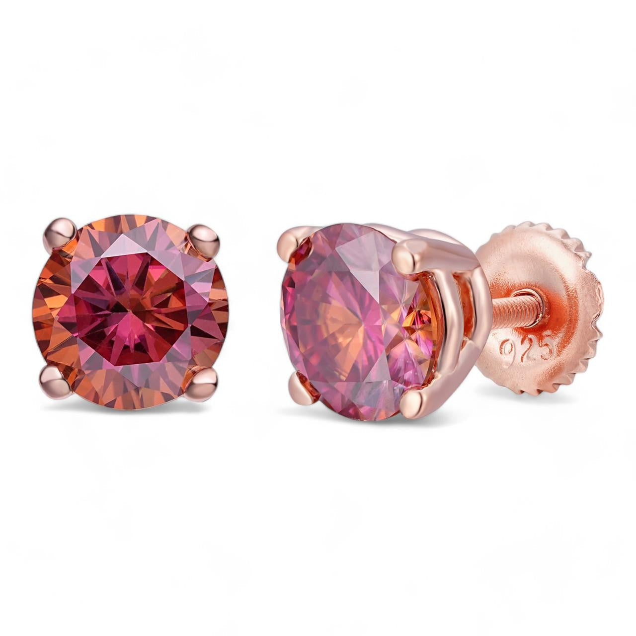 Pink MOISSANITE Solitaire Stud Earrings - 14k Rose Gold Vermeil 925 Silver - 3mm-8mm - 0.2-4ct