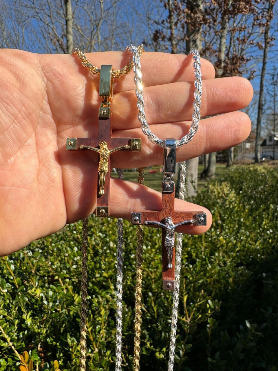 Natural Wood Plain Jesus Cross Pendant - 14k Gold Vermeil Or 925 Silver - Large 2.5"
