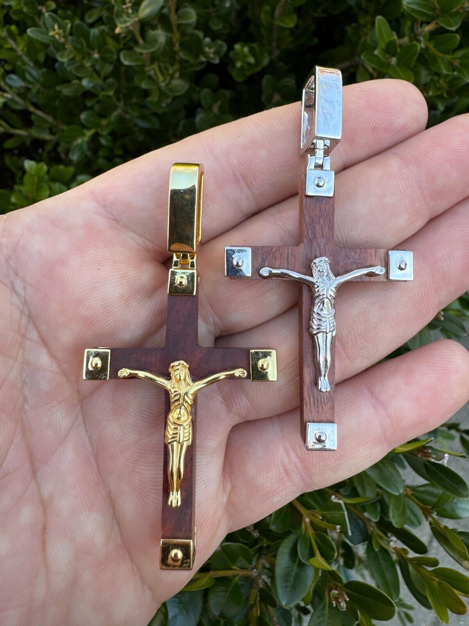 Natural Wood Plain Jesus Cross Pendant - 14k Gold Vermeil Or 925 Silver - Large 2.5"