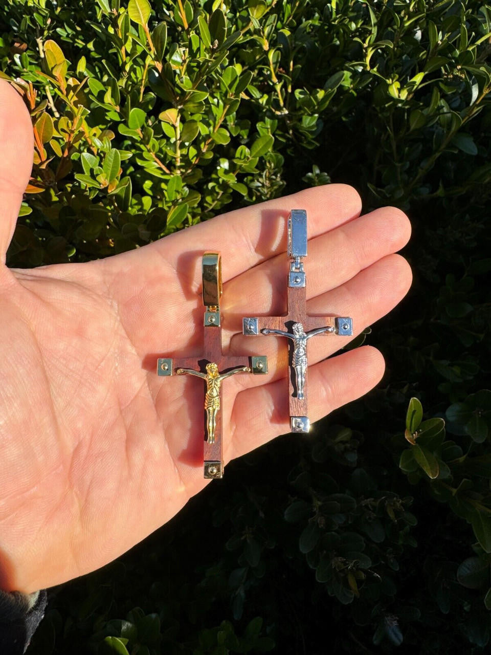 Natural Wood Plain Jesus Cross Pendant - 14k Gold Vermeil Or 925 Silver - Large 2.5"