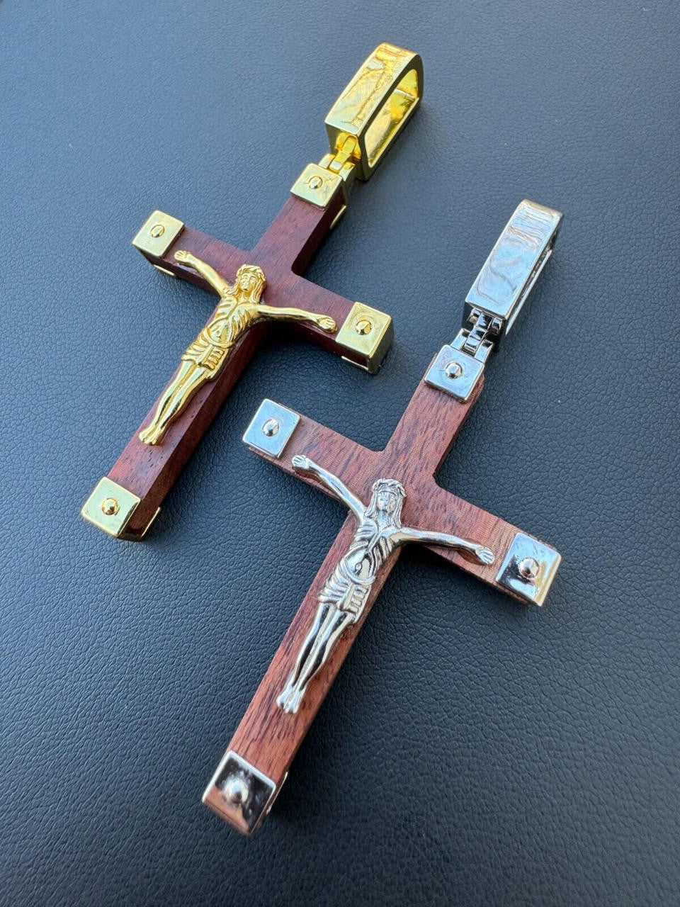Natural Wood Plain Jesus Cross Pendant - 14k Gold Vermeil Or 925 Silver - Large 2.5"