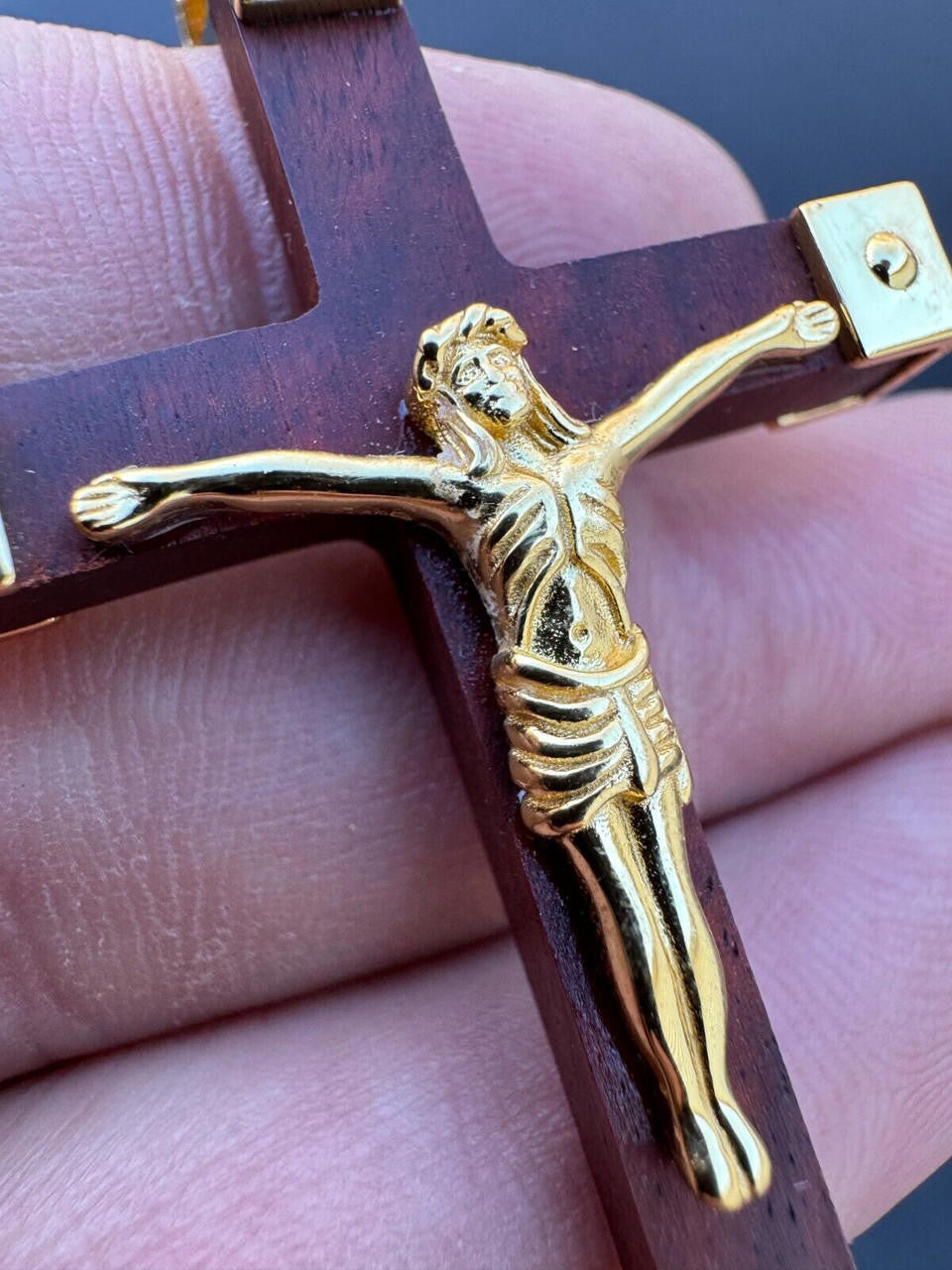 Natural Wood Plain Jesus Cross Pendant - 14k Gold Vermeil Or 925 Silver - Large 2.5"