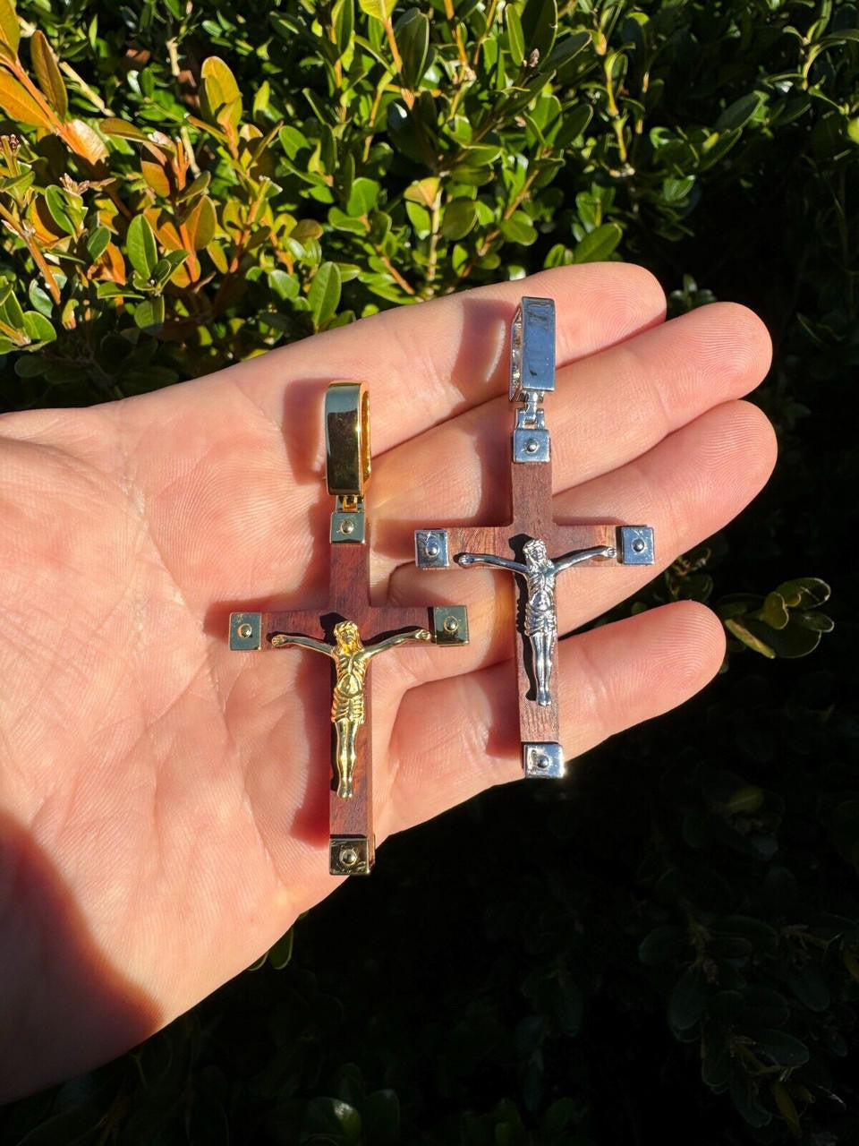 Natural Wood Plain Jesus Cross Pendant - 14k Gold Vermeil Or 925 Silver - Large 2.5"