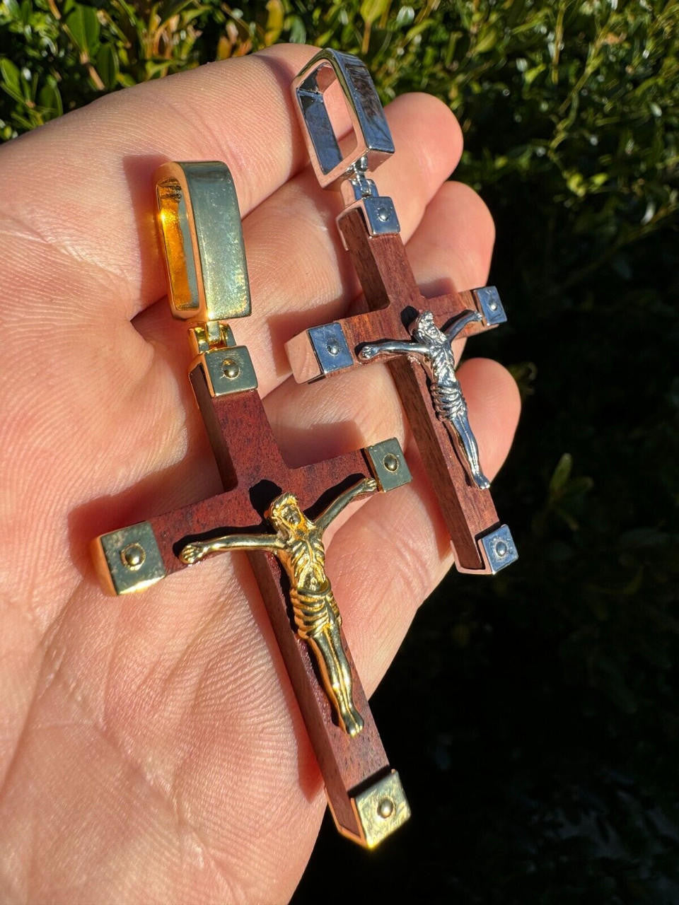 Natural Wood Plain Jesus Cross Pendant - 14k Gold Vermeil Or 925 Silver - Large 2.5"
