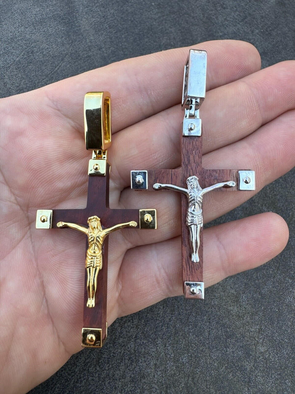 Natural Wood Plain Jesus Cross Pendant - 14k Gold Vermeil Or 925 Silver - Large 2.5"
