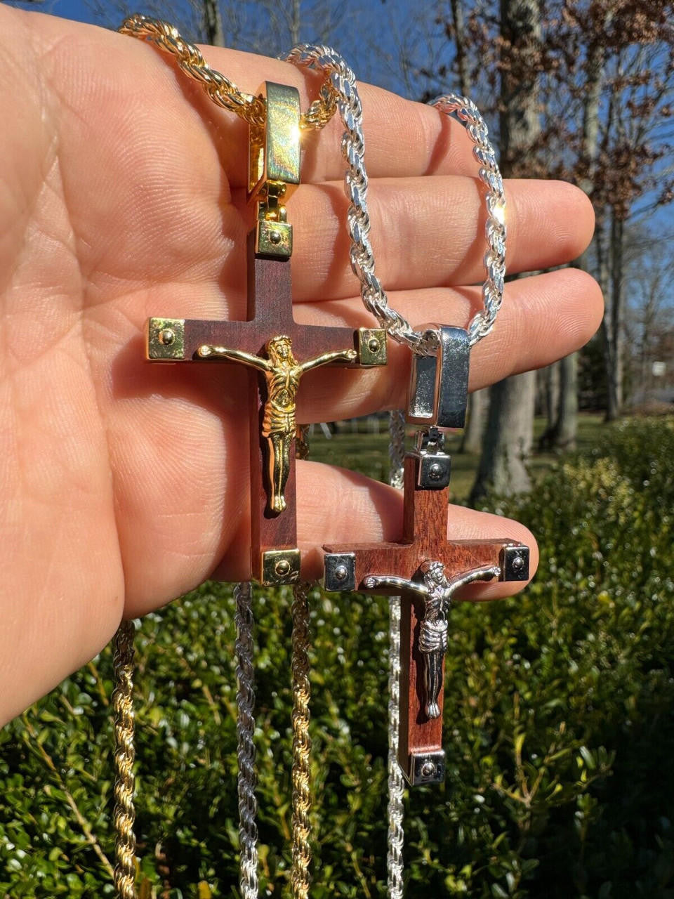 Natural Wood Plain Jesus Cross Pendant - 14k Gold Vermeil Or 925 Silver - Large 2.5"