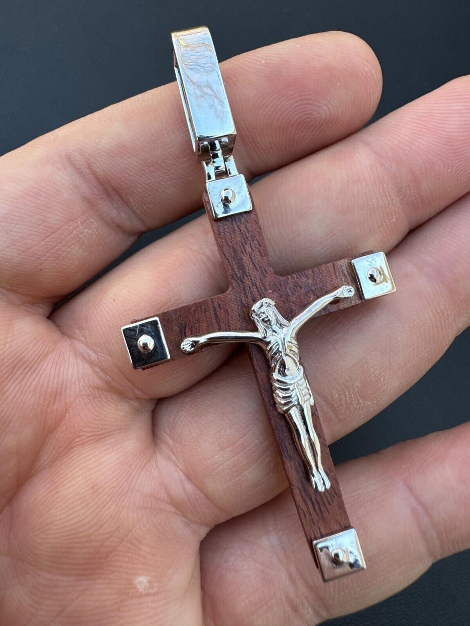 Natural Wood Plain Jesus Cross Pendant - 14k Gold Vermeil Or 925 Silver - Large 2.5"