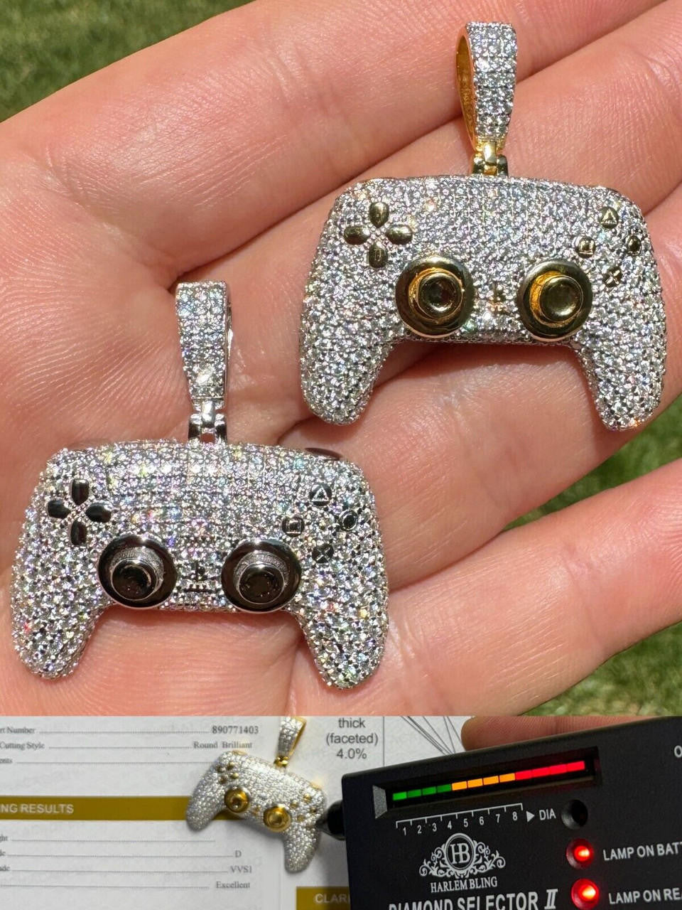 MOISSANITE Iced Out Playstation PS5 Controller Pendant - 14k Gold Vermeil Or 925 Silver - Small 1.5"