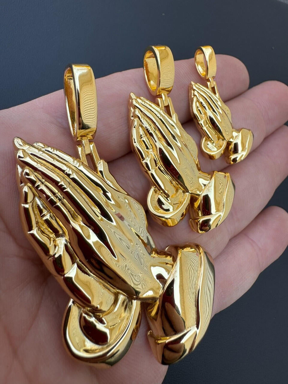 Praying Folded Hands Religious Pendant - 14k Gold Vermeil 925 Silver - 3 Sizes 1.25"-2.75"