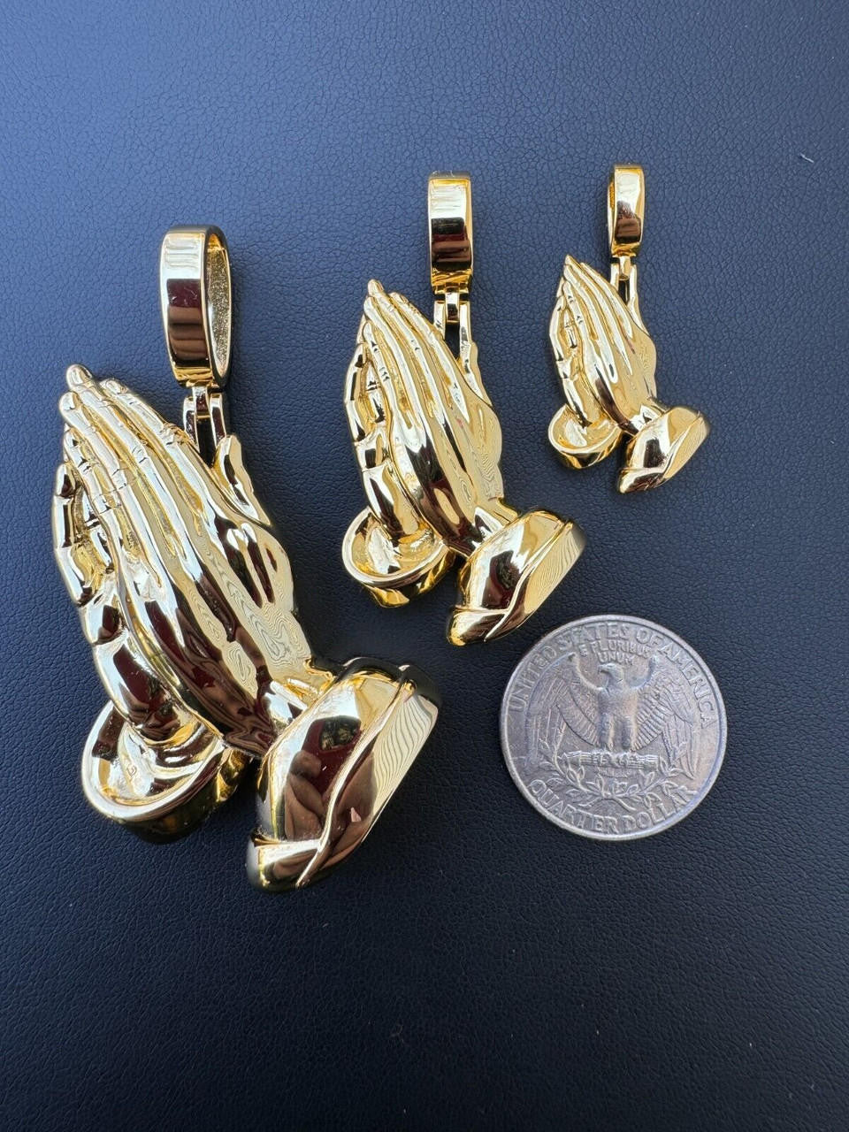Praying Folded Hands Religious Pendant - 14k Gold Vermeil 925 Silver - 3 Sizes 1.25"-2.75"
