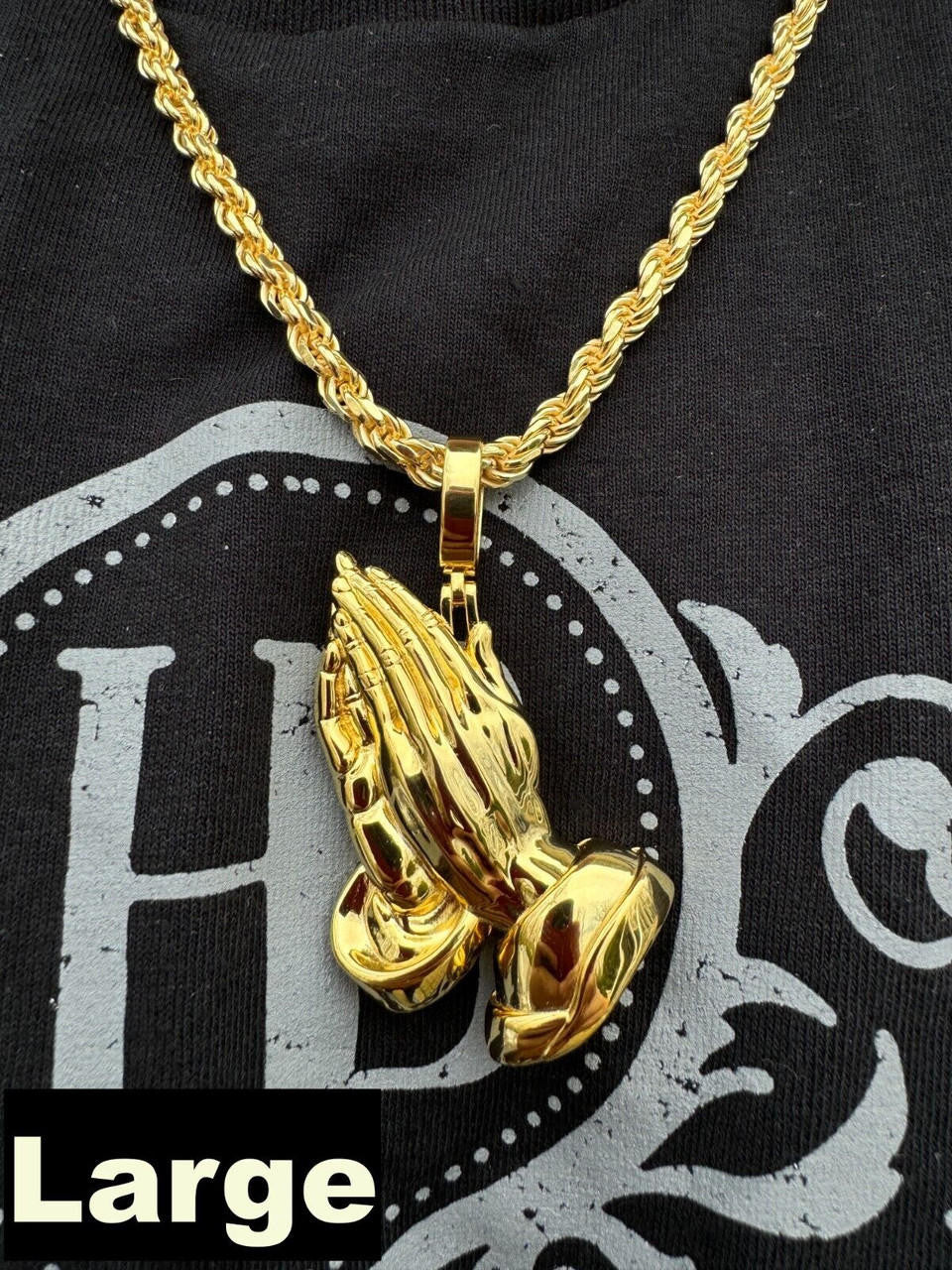 Praying Folded Hands Religious Pendant - 14k Gold Vermeil 925 Silver - 3 Sizes 1.25"-2.75"
