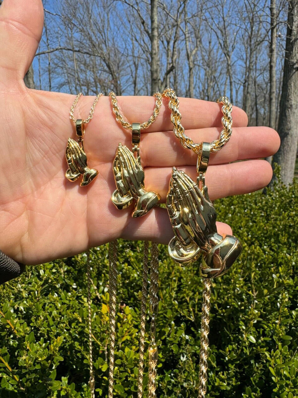 Praying Folded Hands Religious Pendant - 14k Gold Vermeil 925 Silver - 3 Sizes 1.25"-2.75"