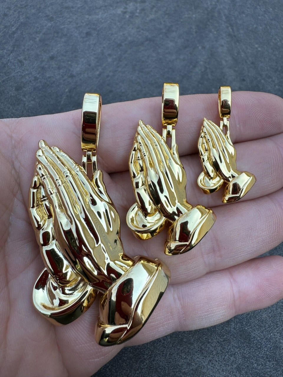 Praying Folded Hands Religious Pendant - 14k Gold Vermeil 925 Silver - 3 Sizes 1.25"-2.75"