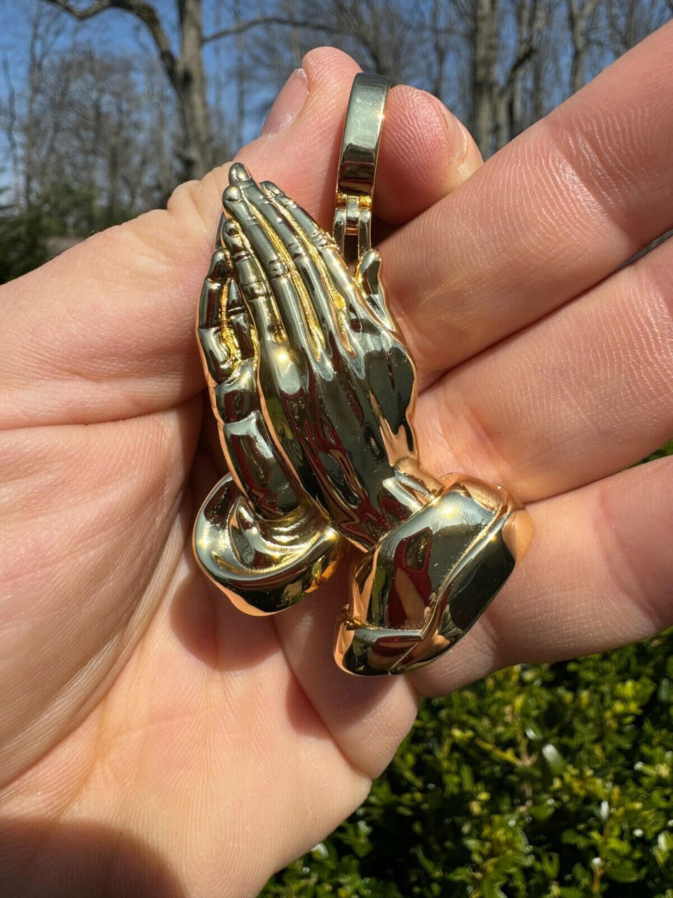 Praying Folded Hands Religious Pendant - 14k Gold Vermeil 925 Silver - 3 Sizes 1.25"-2.75"