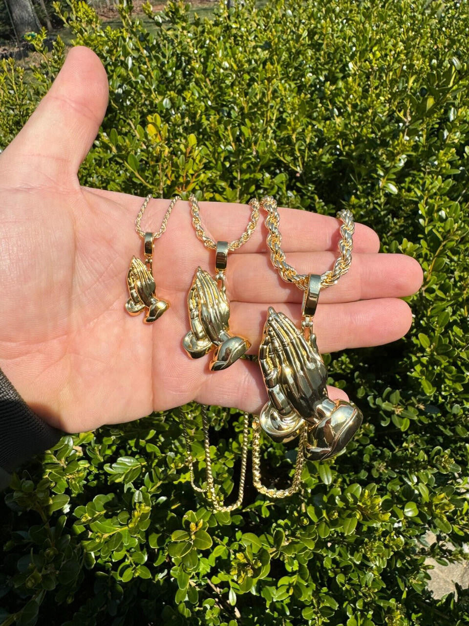 Praying Folded Hands Religious Pendant - 14k Gold Vermeil 925 Silver - 3 Sizes 1.25"-2.75"
