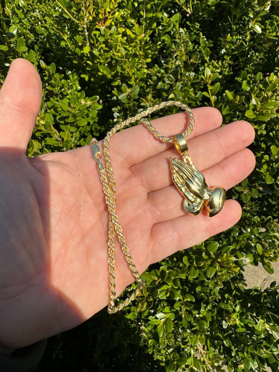 Praying Folded Hands Religious Pendant - 14k Gold Vermeil 925 Silver - 3 Sizes 1.25"-2.75"