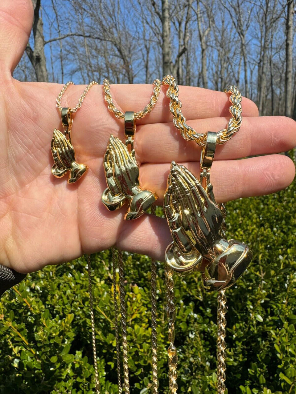 Praying Folded Hands Religious Pendant - 14k Gold Vermeil 925 Silver - 3 Sizes 1.25"-2.75"