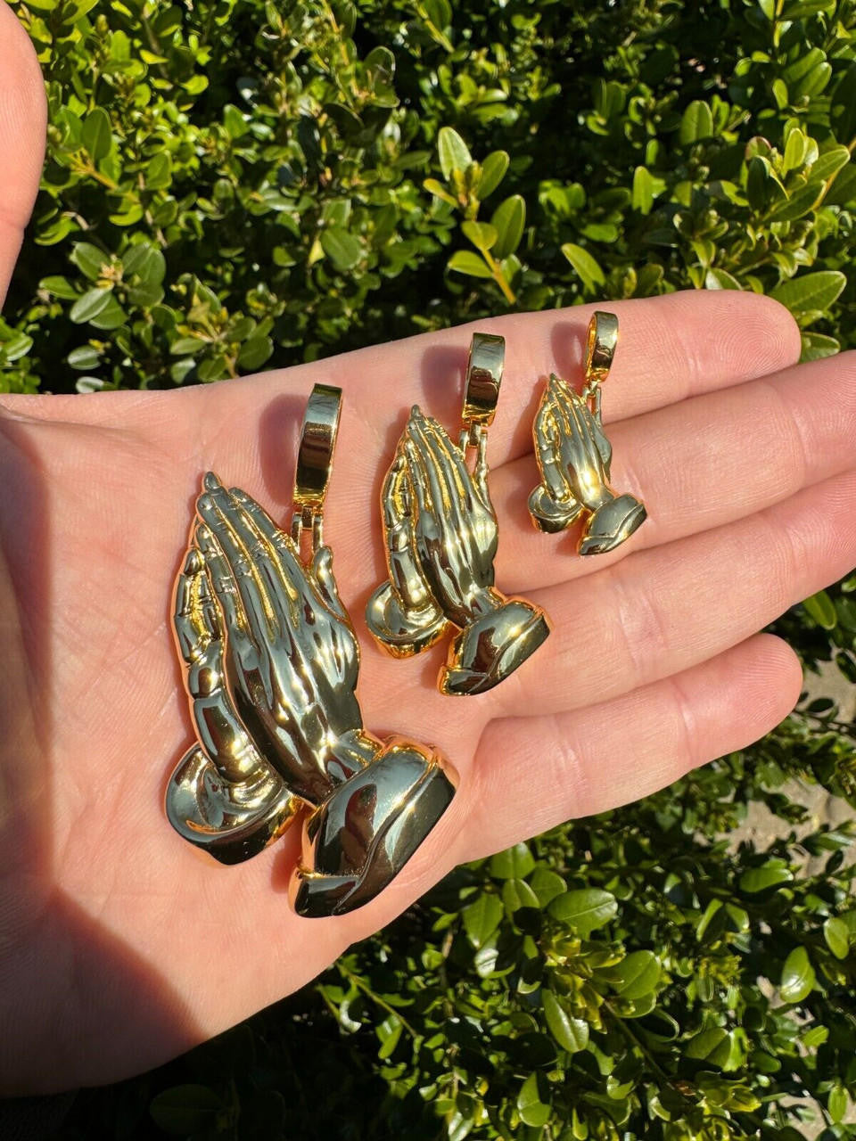 Praying Folded Hands Religious Pendant - 14k Gold Vermeil 925 Silver - 3 Sizes 1.25"-2.75"