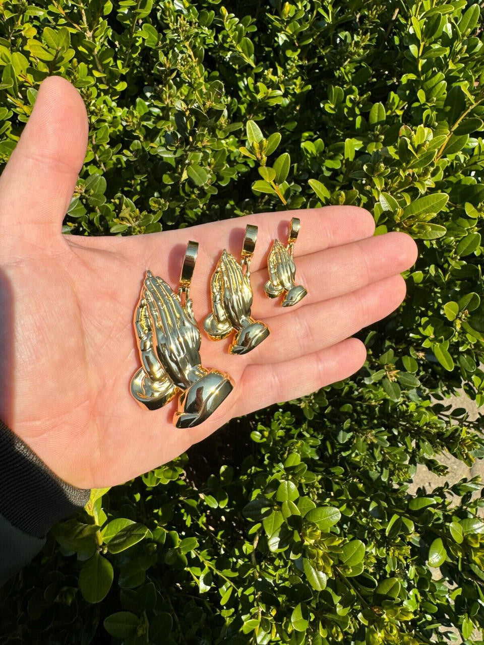 Praying Folded Hands Religious Pendant - 14k Gold Vermeil 925 Silver - 3 Sizes 1.25"-2.75"
