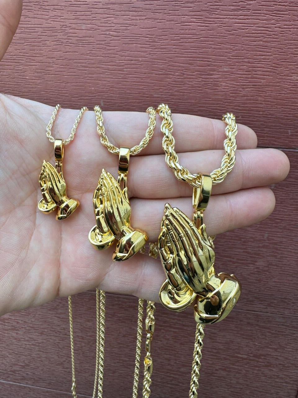 Praying Folded Hands Religious Pendant - 14k Gold Vermeil 925 Silver - 3 Sizes 1.25"-2.75"
