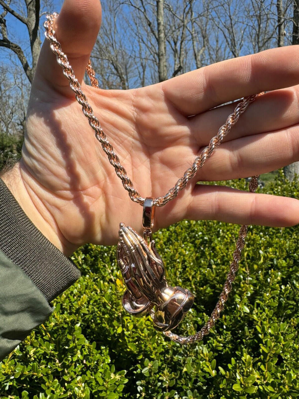 Praying Folded Hands Religious Pendant - 14k Rose Gold Vermeil 925 Silver - 3 Sizes 1.25"-2.75"