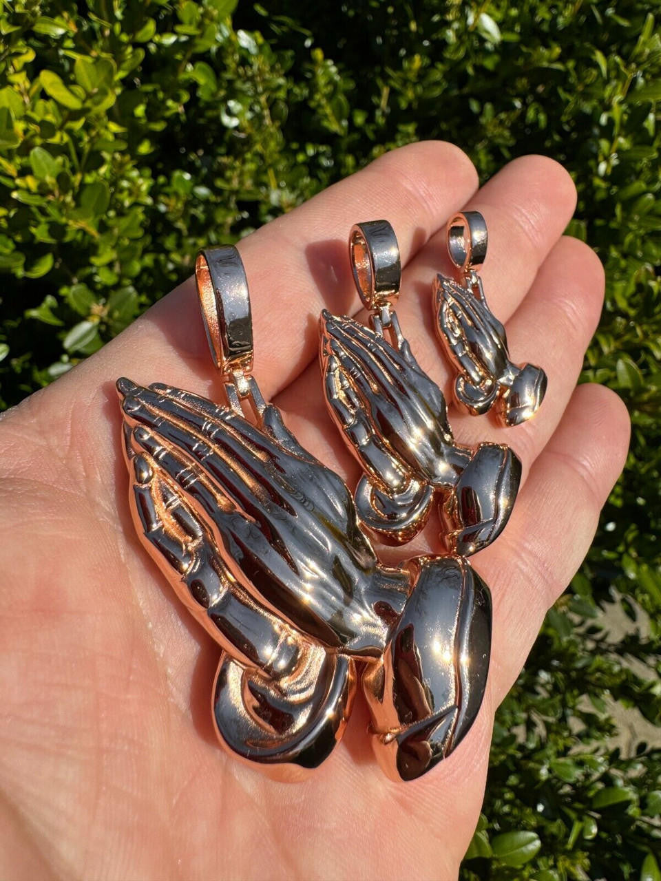Praying Folded Hands Religious Pendant - 14k Rose Gold Vermeil 925 Silver - 3 Sizes 1.25"-2.75"