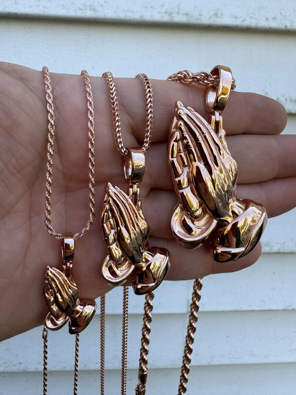 Praying Folded Hands Religious Pendant - 14k Rose Gold Vermeil 925 Silver - 3 Sizes 1.25"-2.75"