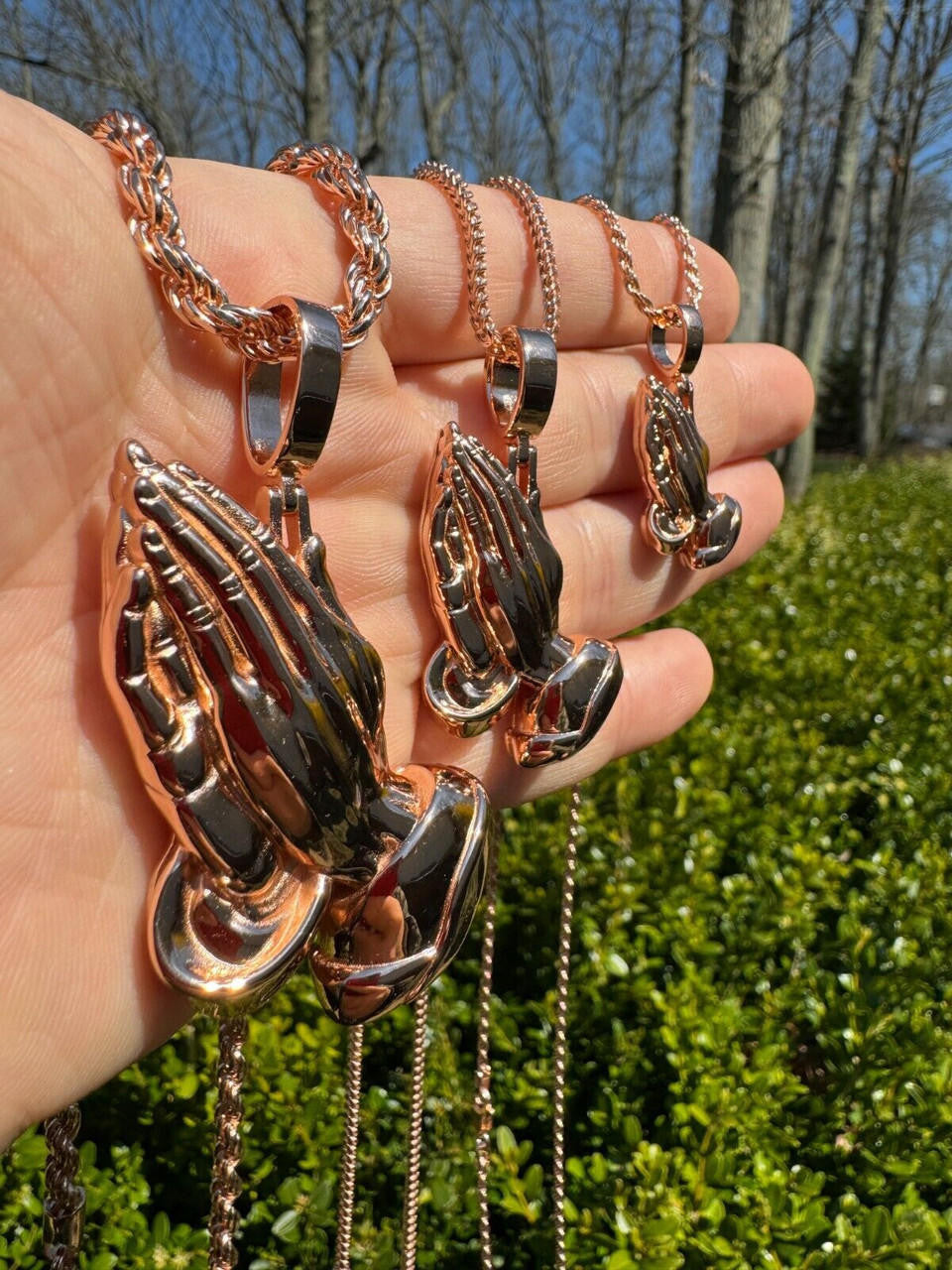 Praying Folded Hands Religious Pendant - 14k Rose Gold Vermeil 925 Silver - 3 Sizes 1.25"-2.75"