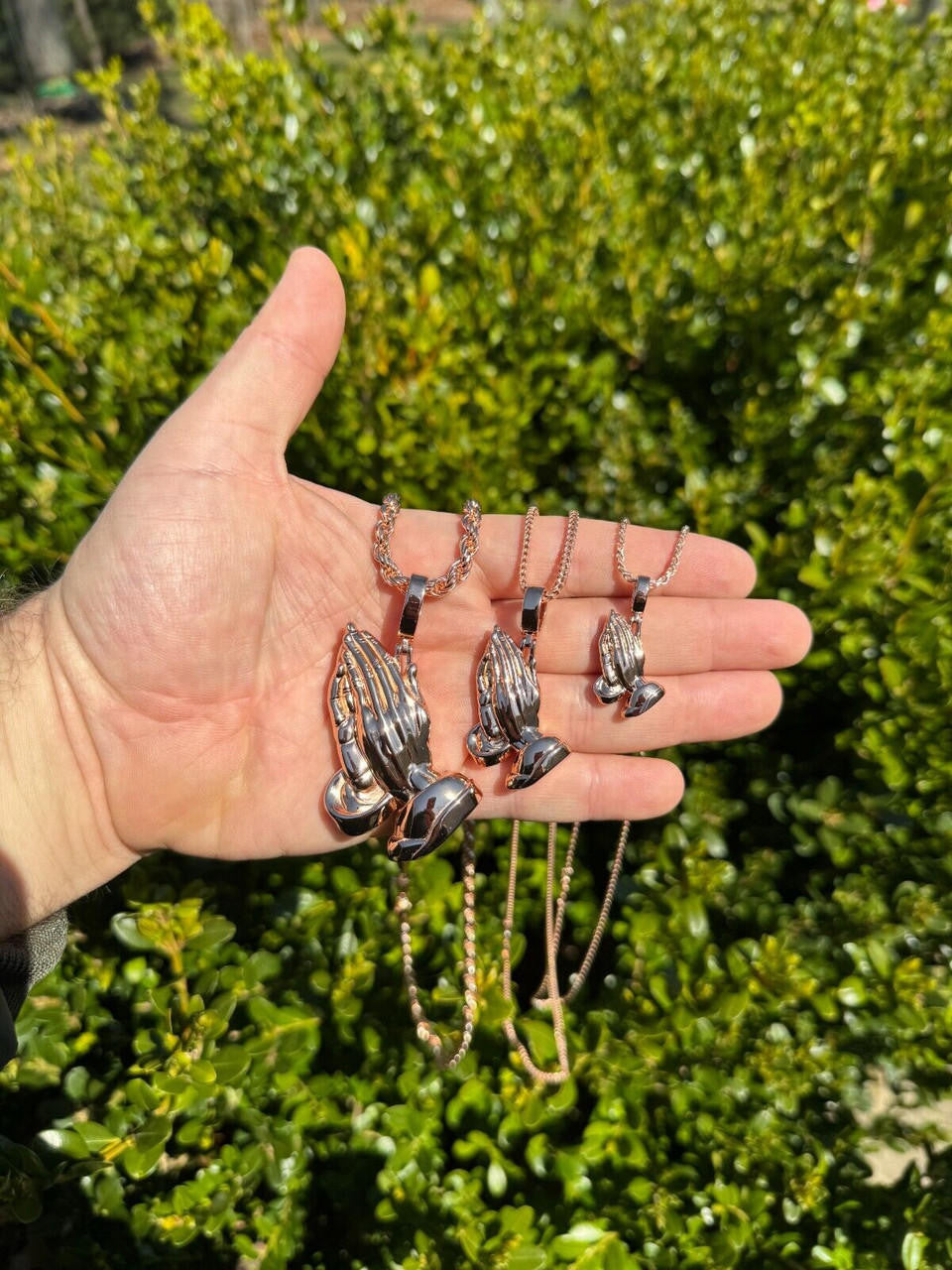 Praying Folded Hands Religious Pendant - 14k Rose Gold Vermeil 925 Silver - 3 Sizes 1.25"-2.75"