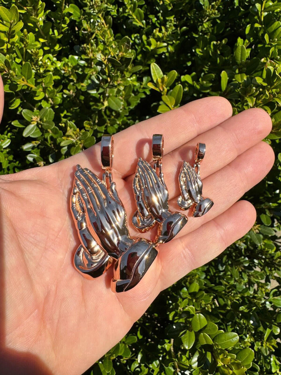 Praying Folded Hands Religious Pendant - 14k Rose Gold Vermeil 925 Silver - 3 Sizes 1.25"-2.75"
