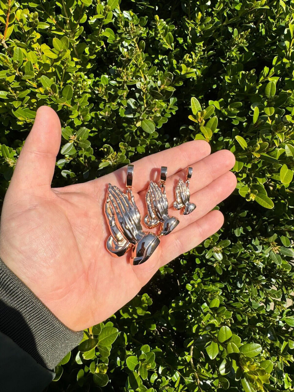 Praying Folded Hands Religious Pendant - 14k Rose Gold Vermeil 925 Silver - 3 Sizes 1.25"-2.75"