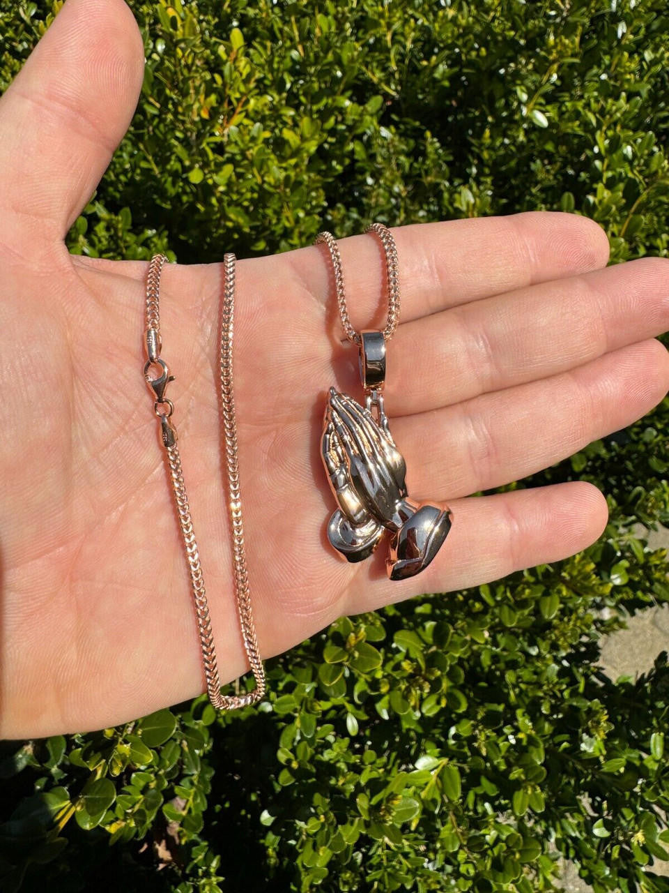 Praying Folded Hands Religious Pendant - 14k Rose Gold Vermeil 925 Silver - 3 Sizes 1.25"-2.75"