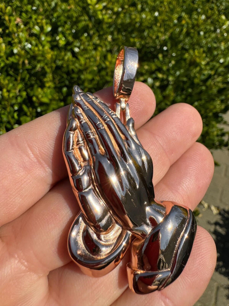 Praying Folded Hands Religious Pendant - 14k Rose Gold Vermeil 925 Silver - 3 Sizes 1.25"-2.75"