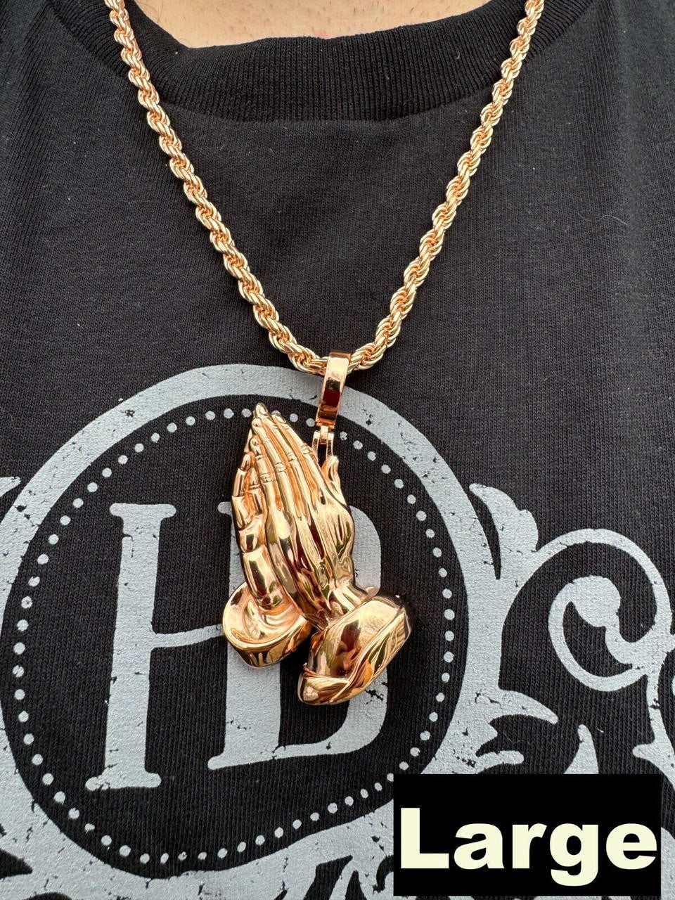 Praying Folded Hands Religious Pendant - 14k Rose Gold Vermeil 925 Silver - 3 Sizes 1.25"-2.75"