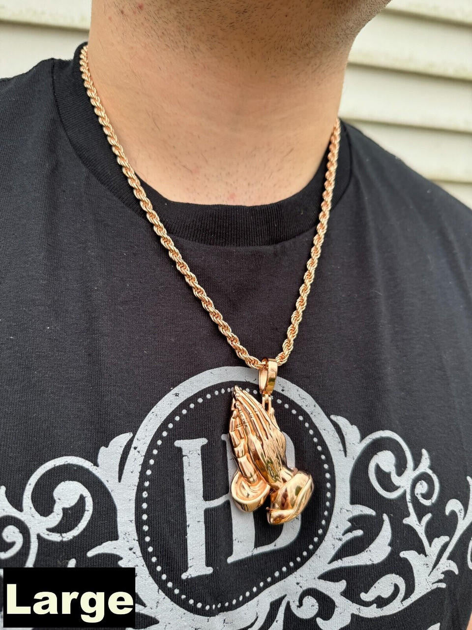 Praying Folded Hands Religious Pendant - 14k Rose Gold Vermeil 925 Silver - 3 Sizes 1.25"-2.75"
