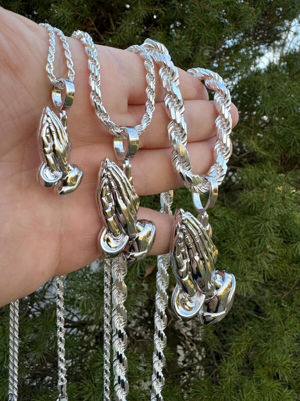Praying Folded Hands Religious Pendant - 925 Silver - 3 Sizes 1.25"-2.75"